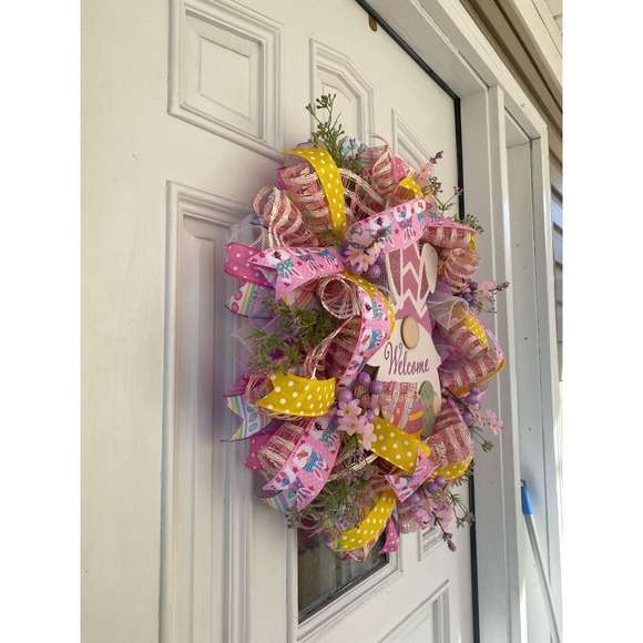 Wooden Welcome Easter Bunny Gnome Sign & Eggs Deco Mesh & Ribbon Wreath - Picture 6 of 6
